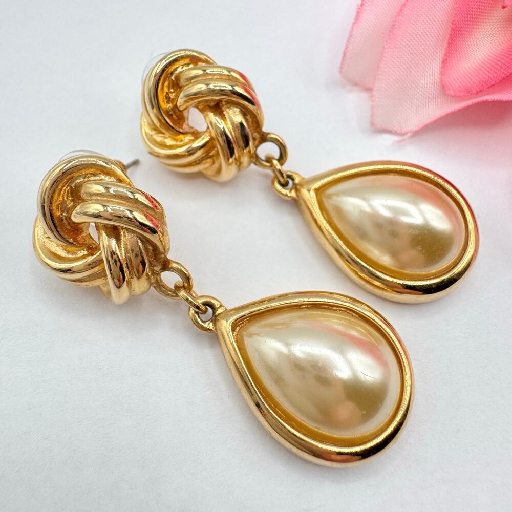 Vintage KJL Kenneth Jay Lane Faux Pearl Drop Dangle Earrings Love Knot Signed